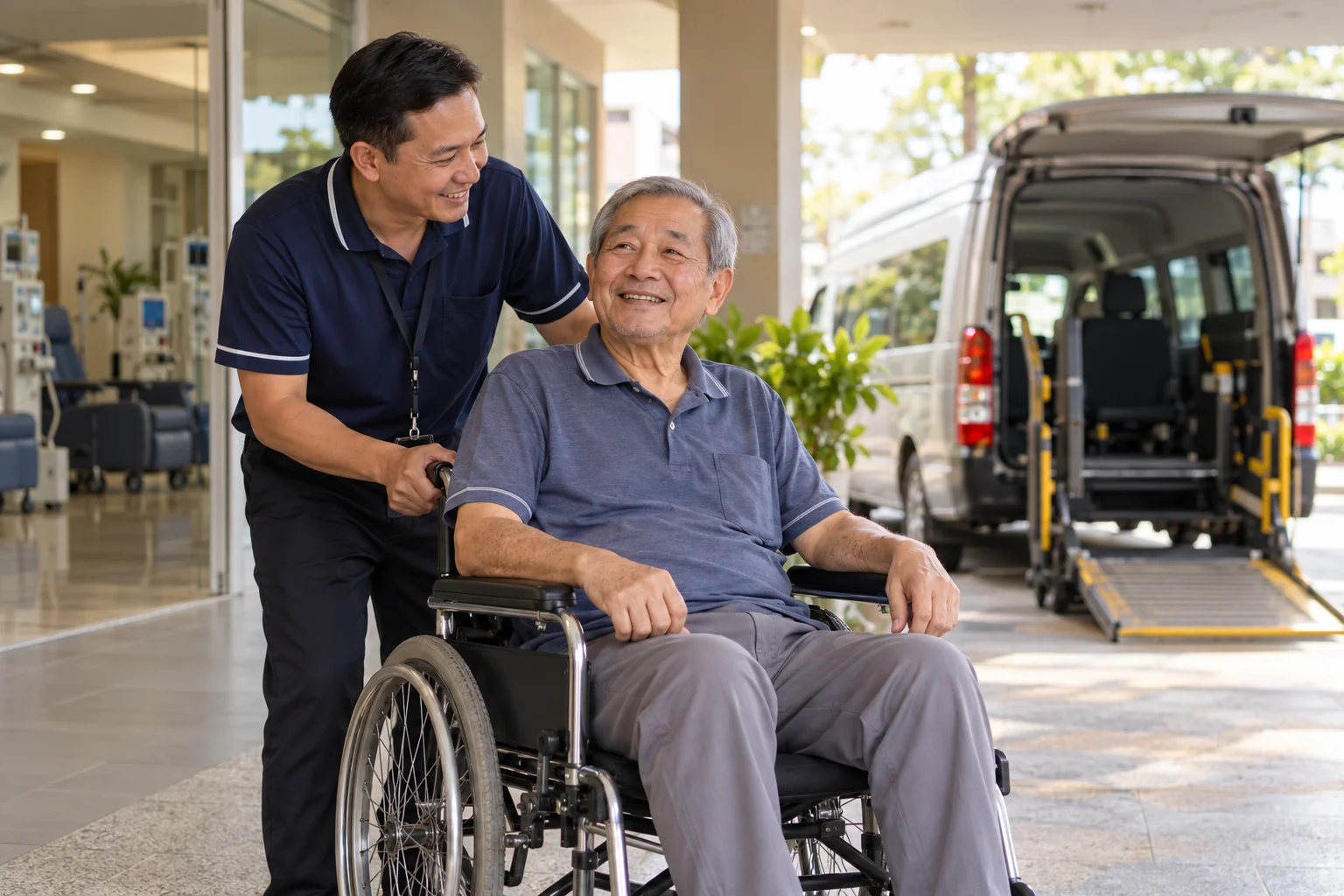 Wheelchair passenger with transport support at a dialysis centre