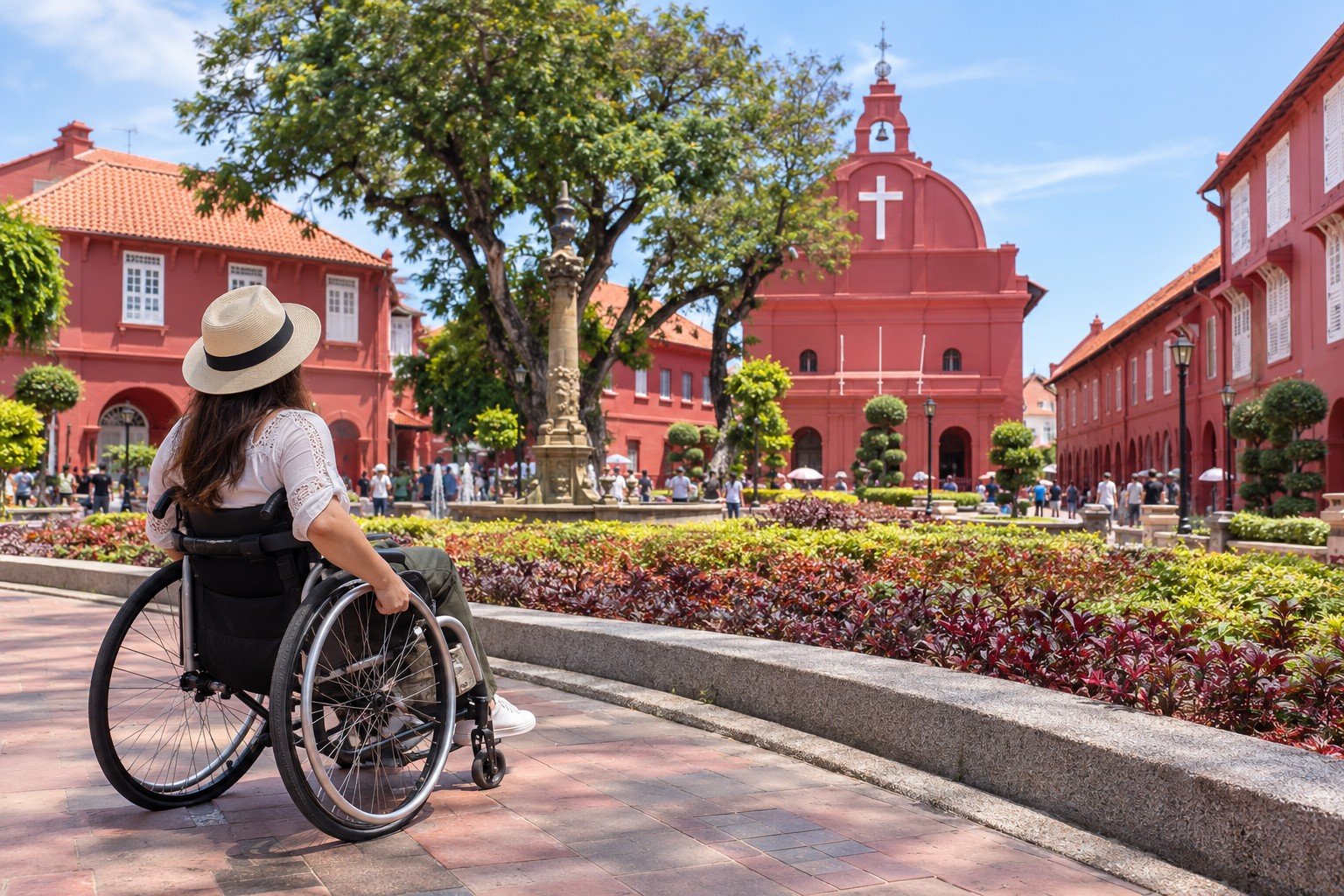 Wheelchair tourist enjoying the view of Dutch Square, Melaka