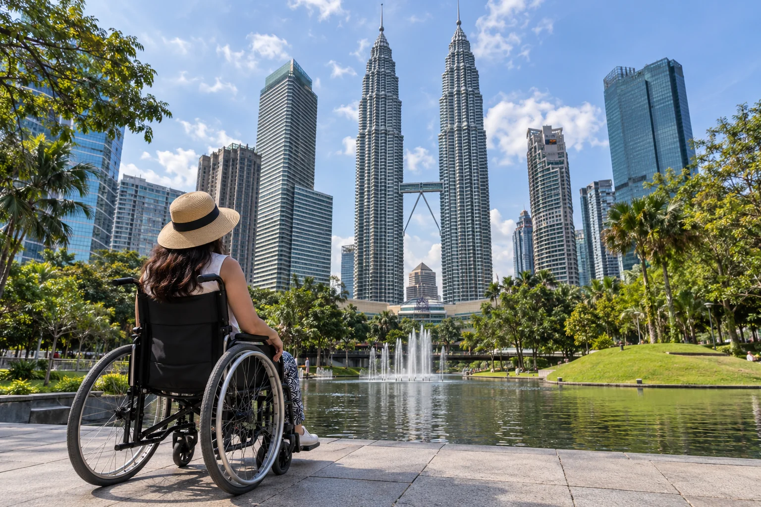 Wheelchair tourist enjoying the view of Petronas Twin Towers, Kuala Lumpur
