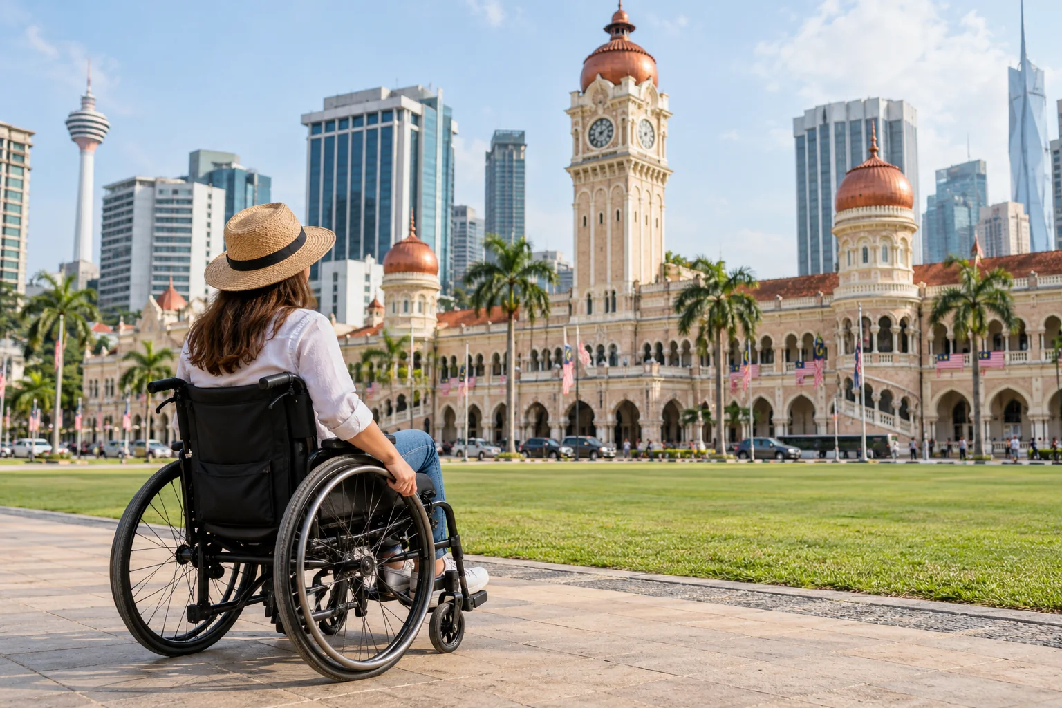 Wheelchair tourist enjoying the view of Merdeka Square, Kuala Lumpur