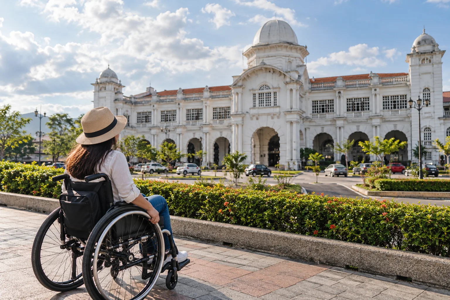 Wheelchair tourist enjoying the view of Ipoh Railway Station, Perak