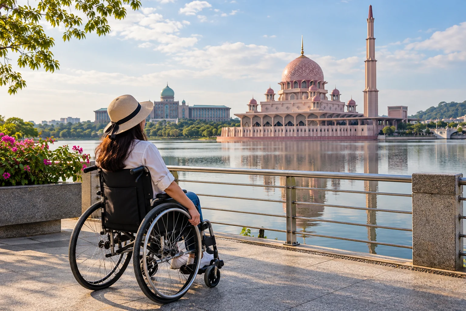 Wheelchair tourist enjoying the view of Putra Mosque, Putrajaya