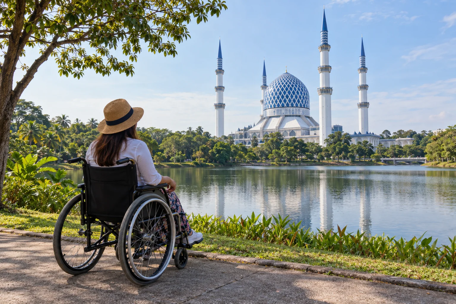 Wheelchair tourist enjoying the view of Blue Mosque, Shah Alam