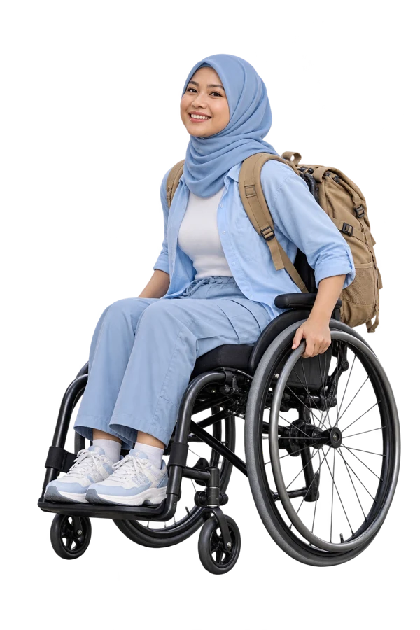 Smiling female traveller in a wheelchair with a travel backpack
